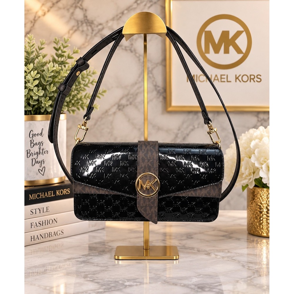 Michael Kors Black Patent Leather Monogram Crossbody Bag Gold Hardware